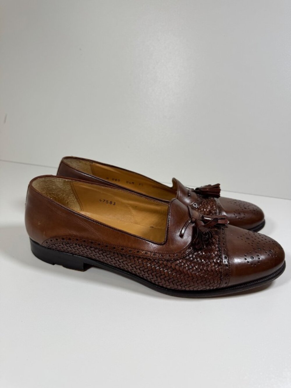 Mezlan Tassel Loafer Woven Brogue Brown 9.5 M Vintage Leather Spain Dress Shoe